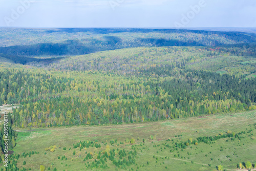 Aerial view of the autumn forest from the height of the bird's flight