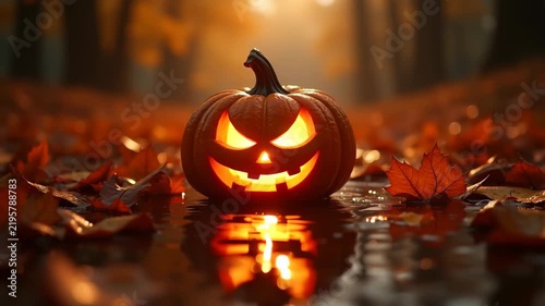 wet autumn leaves with reflection of glowing jack-o'-lantern, dramatic lighting