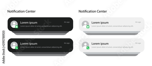 Call and Message Smartphone Push Notification UI Element in Light and Dark Mode. Vector Illustration