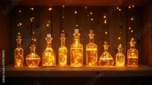 Golden sparkling potion bottles collection on old wooden shelf, rich colors