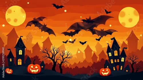 Bauhaus bold geometric Halloween pattern with bats, pumpkins and moons, strong warm colors