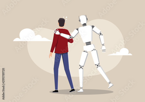 Humanoid Robot Guiding Human with Hand on Shoulder - AI Assistance Concept