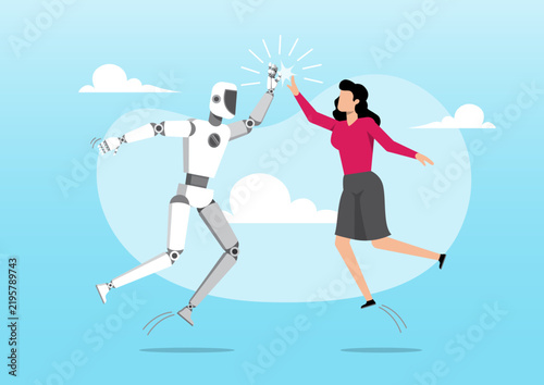 Businesswoman and Humanoid Robot High Fiving—AI Teamwork and Success Concept