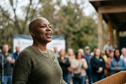 Confident African American Woman Giving an Inspiring Public Speech Outdoors to an Attentive Crowd.