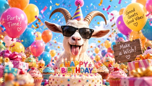 Funny Goat Birthday Party with Colorful Balloons, Cupcakes and Celebration Cake
