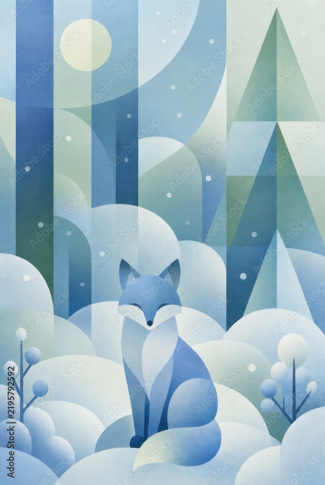 Obraz premium A beautiful geometric vector illustration of a blue arctic fox sitting in a stylized snowy forest under a full moon.