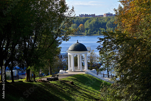 A shady avenue and A. N. Ostrovsky’s gazebo on the banks of the Volga River in Kostroma.