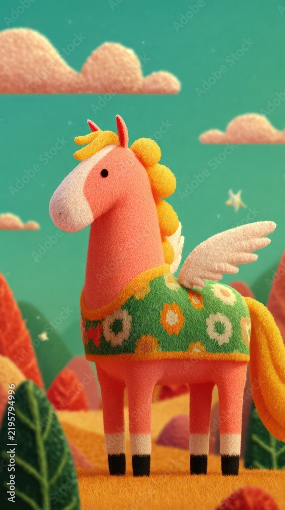 Obraz premium Colorful felt horse with wings in a whimsical landscape, mobile wallpaper.