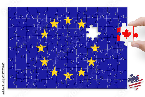 Puzzle made from Europe Union, US and Canada flags.