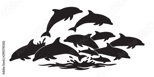 Pod of dolphins swimming and jumping silhouette vector illustration