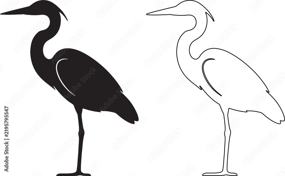 Obraz premium Great blue heron silhouette and line art vector set, elegant wading bird icons, minimalist crane and egret wildlife illustrations for logos isolated on Transparent Background