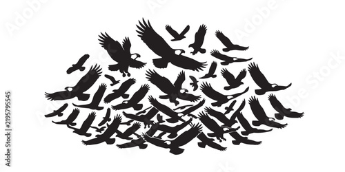 Large flock of birds flying together silhouette vector illustration
