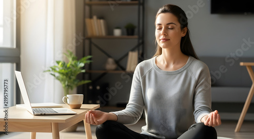 Woman practicing mindfulness meditation sitting on floor in peaceful living room.