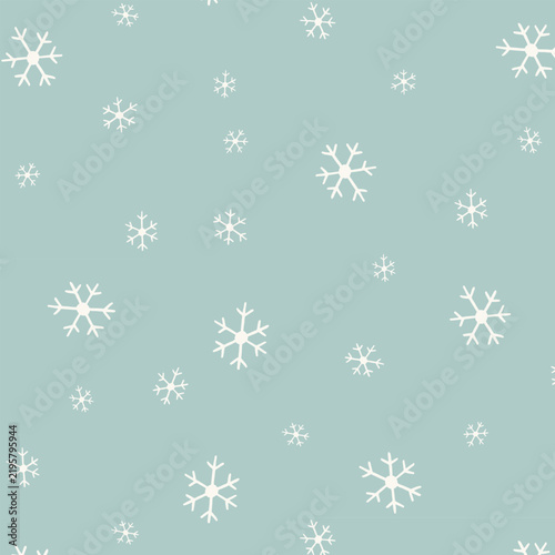 Elegant White Snowflake Pattern on Soft Sage Blue Background, Minimal Scandinavian Winter Seamless Design