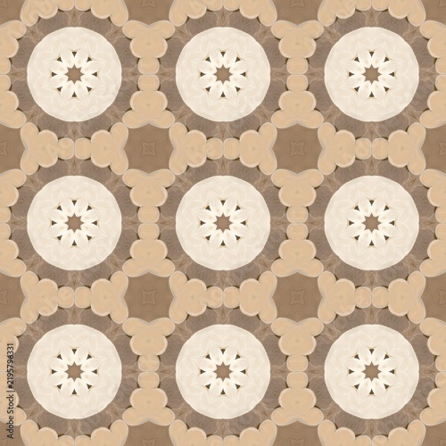 Geometric pattern features repeating circular motifs. Each circle displays radial symmetry with triangular accents. Soft beige tones create a warm, elegant visual texture