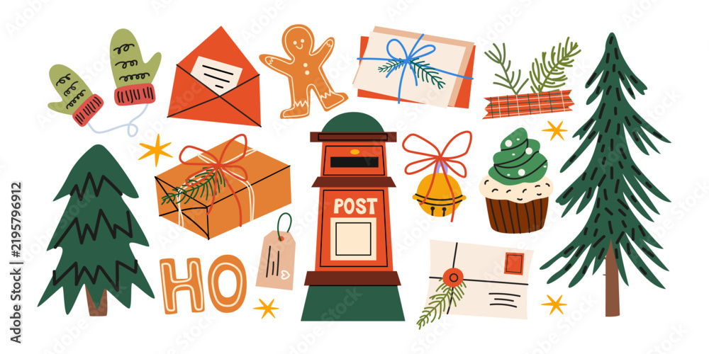 Obraz premium Cozy winter Christmas mail and holiday gifts vector illustration set. Hand drawn festive collection with mailbox, envelopes, gingerbread man, gifts and pine trees