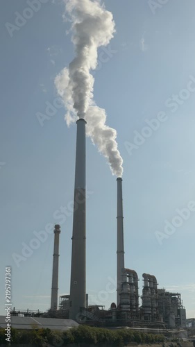 Industrial Plant Chimneys Emitting Smoke (Vertical | Real Time | STATIC)