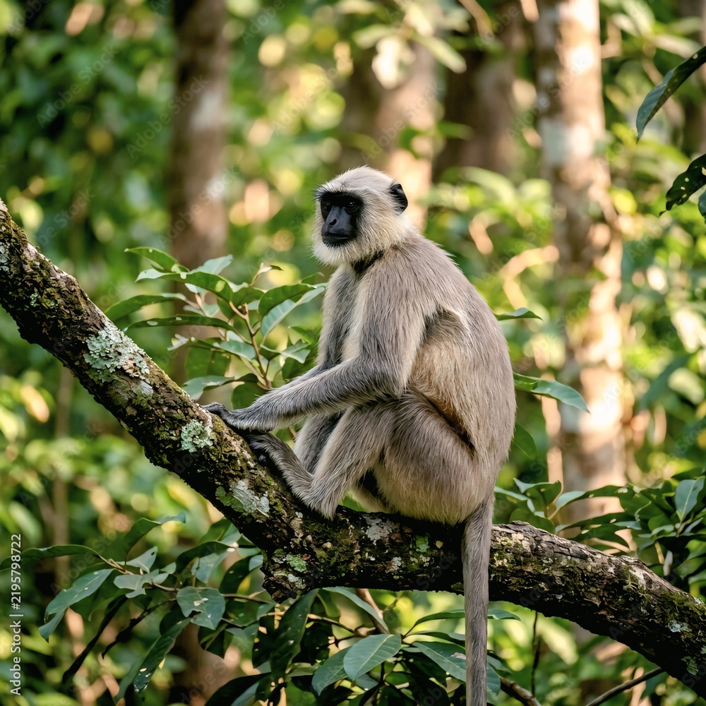Fototapeta premium Common Langur Sitting in Forest Tree