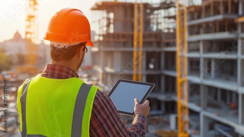 Construction worker wears safety gear and uses tablet to check building plan at busy construction site during sunset