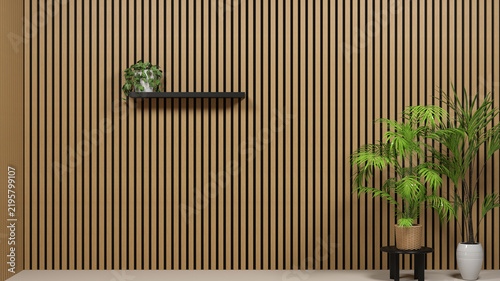 Modern Studio Background with Wood Slats Wall and Tropical Plants for Video Overlay