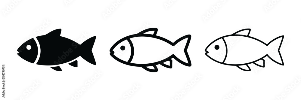 Fototapeta premium Set of minimalist fish icons, black silhouette and outline graphic style