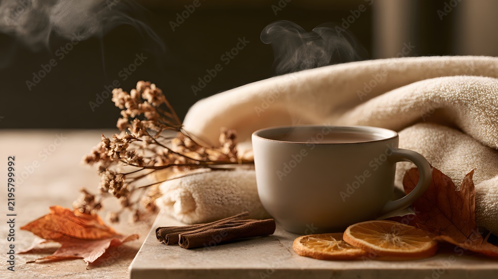 Fototapeta premium Cozy autumn still life with warm cup of tea, dry orange slices, cinnamon sticks and soft blanket