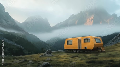 A yellow trailer rests on a grassy area surrounded by mountains with fog and soft light illuminating the peaks at dawn