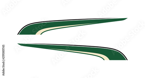 Minimalist forest green and cream curved stripe decals for commercial truck sides and recreational vehicle exterior styling.