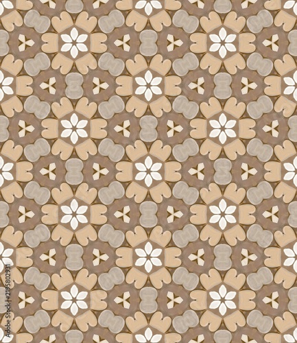 Repeating floral pattern in earthy tones. Geometric shapes form symmetrical, elegant design. Soft beige, tan, and cream hues create gentle contrast. Ideal for textiles, wallpaper, or packaging design