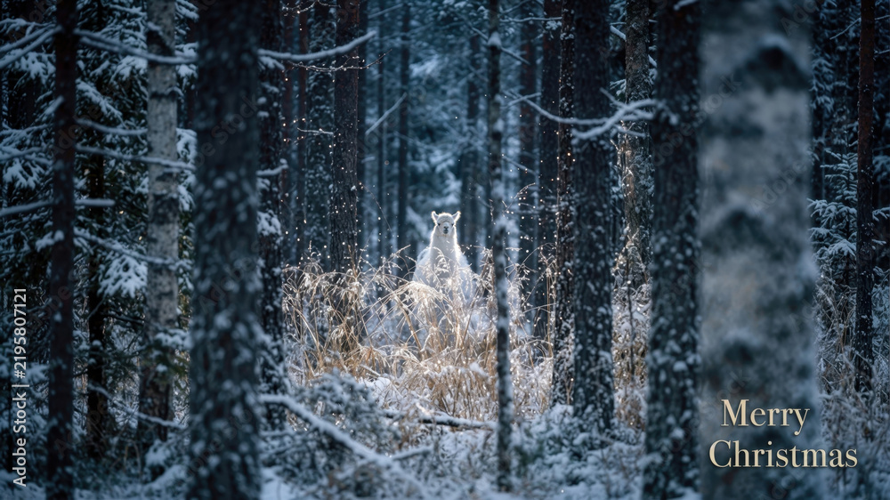 Obraz premium White llama in snowy winter forest with Merry Christmas text.