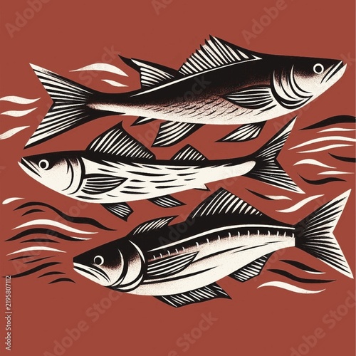 linocut print of three fish in flow