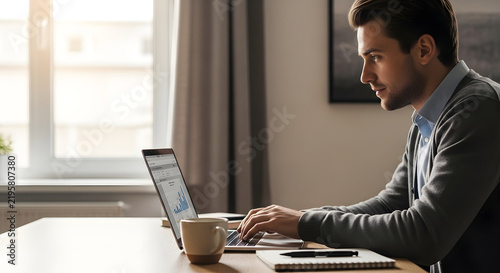 Man working on laptop at desk with coffee and notepad in home office.