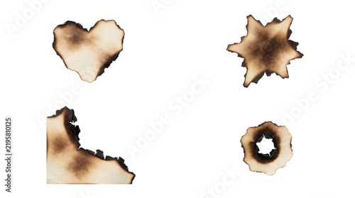 Collection of burnt paper edges featuring various geometric shapes and charred hole textures isolated on a clean white background