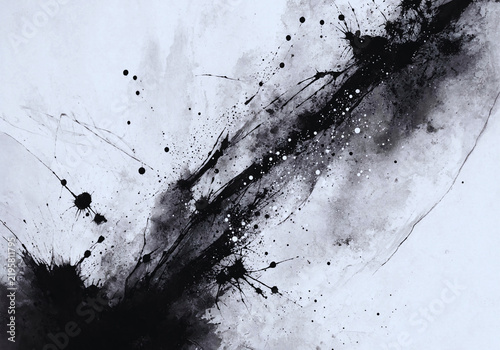 Diagonal black ink stroke splatter background, abstract watercolor paint texture, dynamic monochrome artistic design