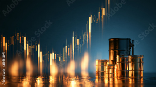 crude oil barrels and rising stock chart background
