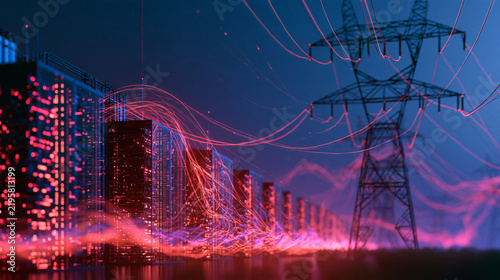 data center servers and high voltage transmission tower with flowing light effects