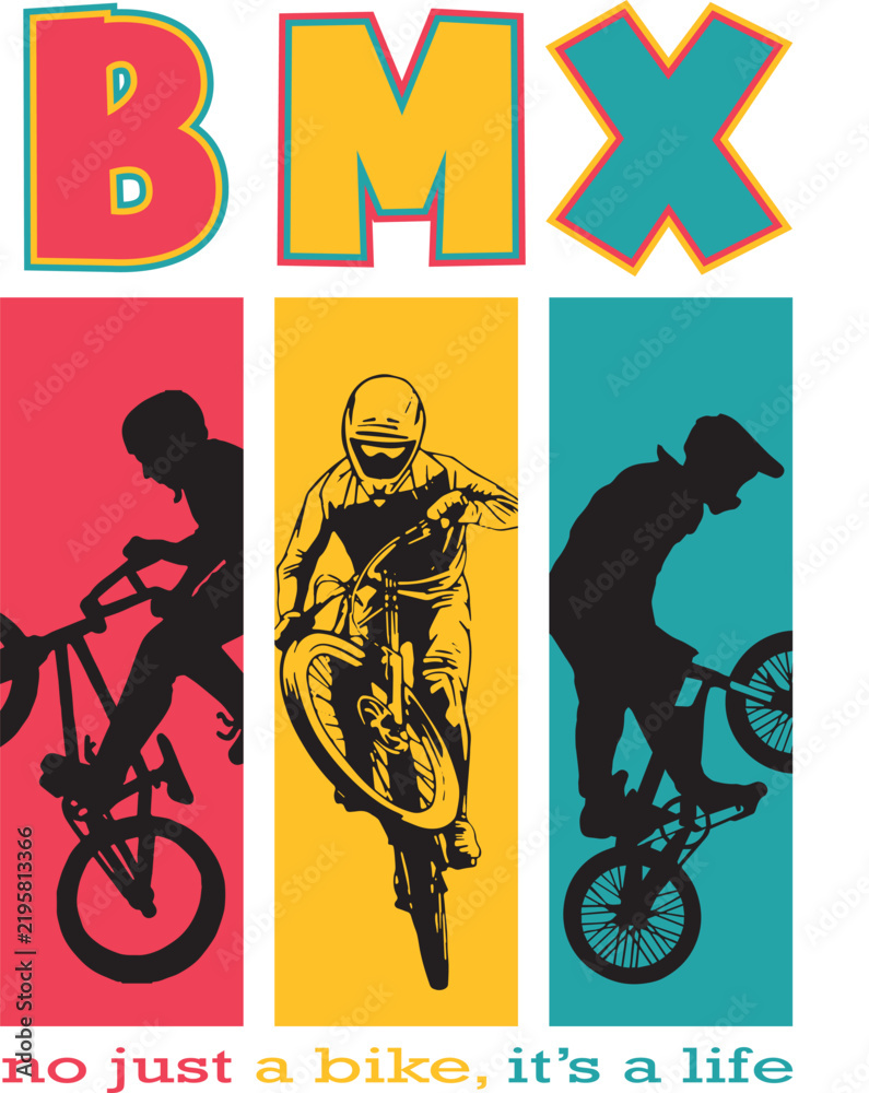 Obraz premium BMX bike riders illustration with colorful panels and typography quote