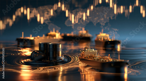 Oil tankers and crude oil barrels with financial candlestick chart background