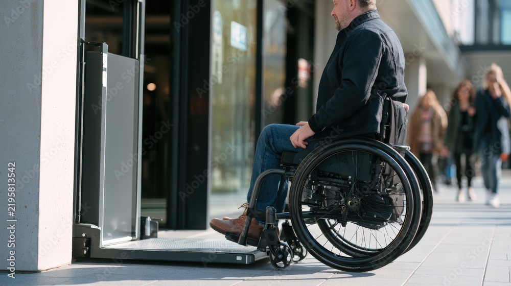 Obraz premium Man in wheelchair using a lift to access a building entrance, with pedestrians walking in the background on a sunny day, showcasing accessibility features in an urban environment