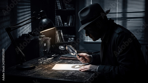 Detective examining document with magnifying glass in dark office with desk lamp, noir style crime investigation photo