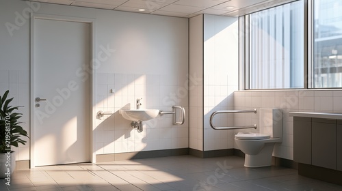 Modern accessible bathroom interior featuring a toilet, sink, grab bars, and large windows allowing natural light, with a potted plant and minimalist design elements enhancing the space