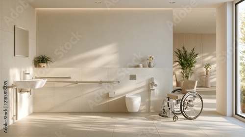 Accessible bathroom interior featuring a wheelchair, grab bars, and a sink, with natural light streaming through large windows and plants enhancing the modern design aesthetic