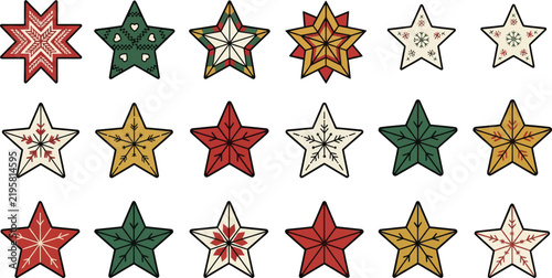 Set of eighteen patterned star ornaments with winter motifs christmas stars holiday decorations snowflake stars star collection hanging stars decorative stars christmas design star icons