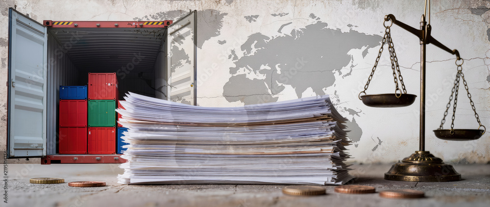 Obraz premium Cargo container, document stack, balance scale, tariff concept
