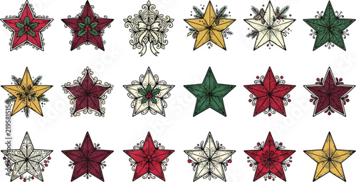 Set of illustrated christmas stars with foliage ribbons and vintage ornate patterns christmas star ornamental star holiday decor winter decoration star ornament floral star christmas icon