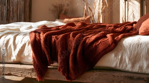 Cozy rust colored knitted blanket draped over a rustic wooden bed with white linen