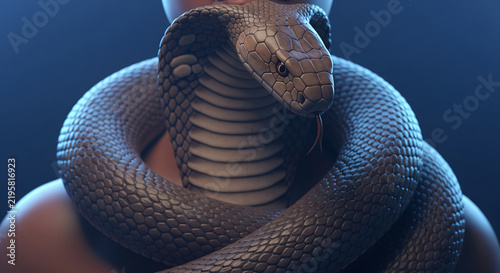 Realistic 3D illustration of a cobra snake wrapped around a person's neck with cinematic lighting