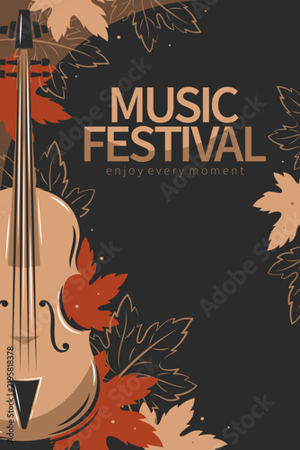 Music autumn festival or classical music concert poster. Violin and autumn leaves. Vector banner for music events, invitation cover, advertising.