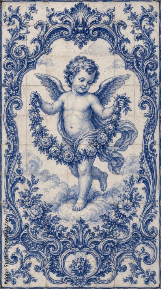 Obraz premium Blue vintage baroque cherub mobile wallpaper with ornate floral tiles