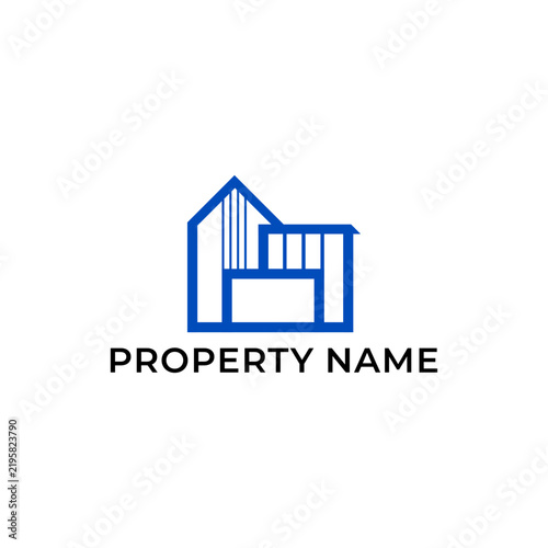 Illustration Blue Color Home Properties Lines Design. Building Architecture Simple Minimalist Logo Icon Vector. Good For Real Estate, Property Industry, Rent House 